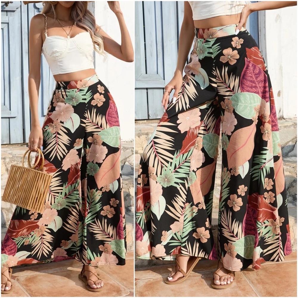 Boho Floral Tropical Print Wide Leg Palazzo Pants - Picture 6 of 8